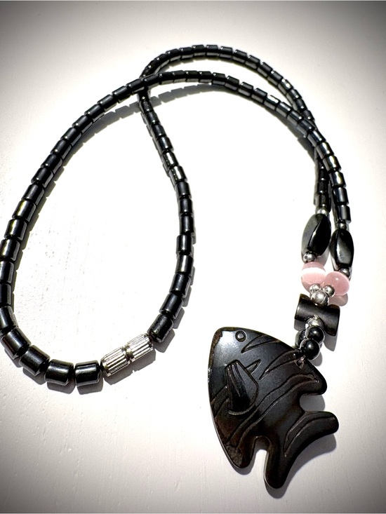 Jewelry - Hematite Fish Pendant Bead Necklace -Vintage 1990s
